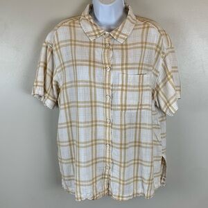 American‎ Eagle Women Top Large Beige Plaid Button Up Linen Blend Pocket Collar